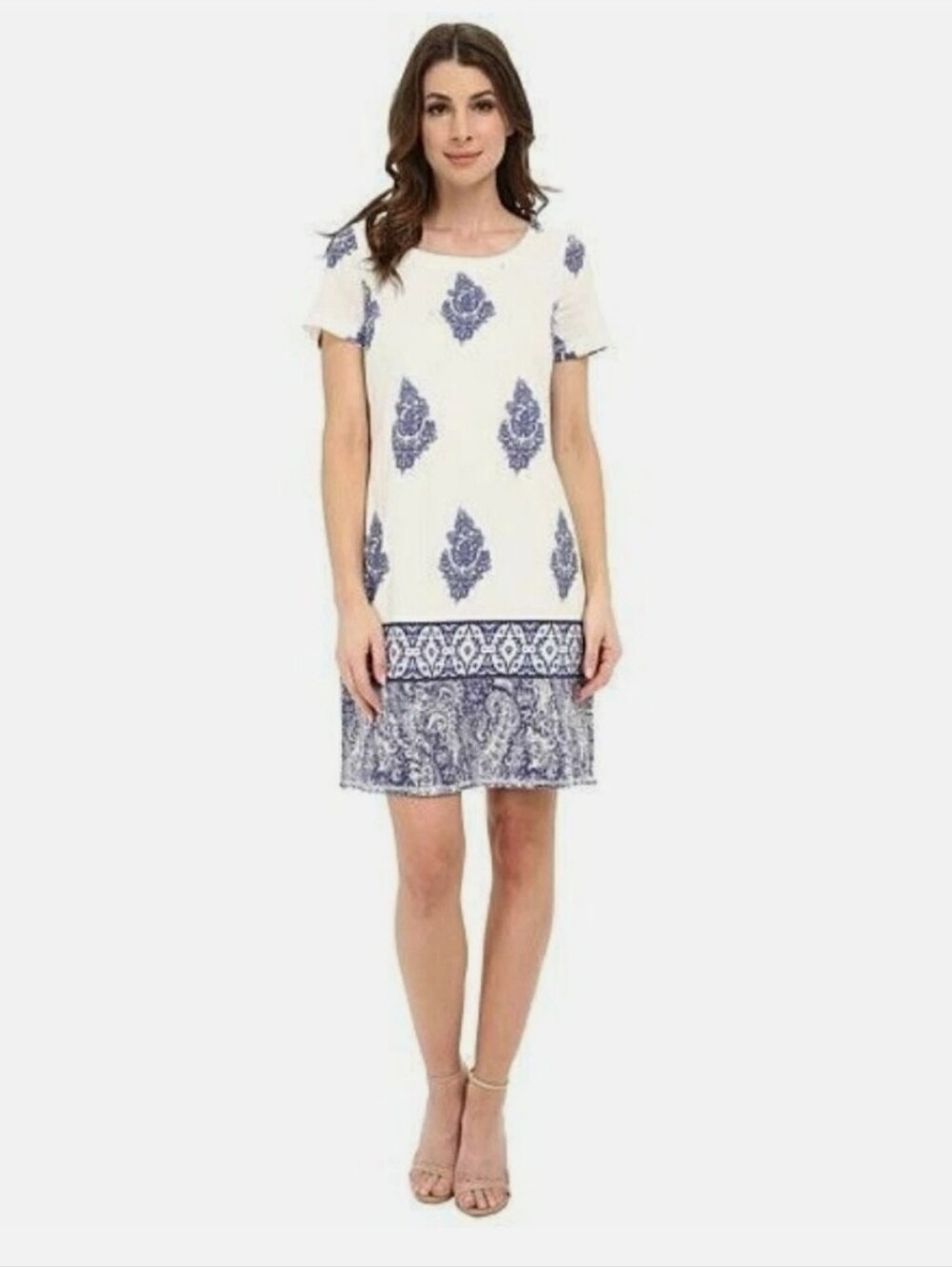 100% Cotton Adrianna Papell White Dress with Navy Floral Print Size 6